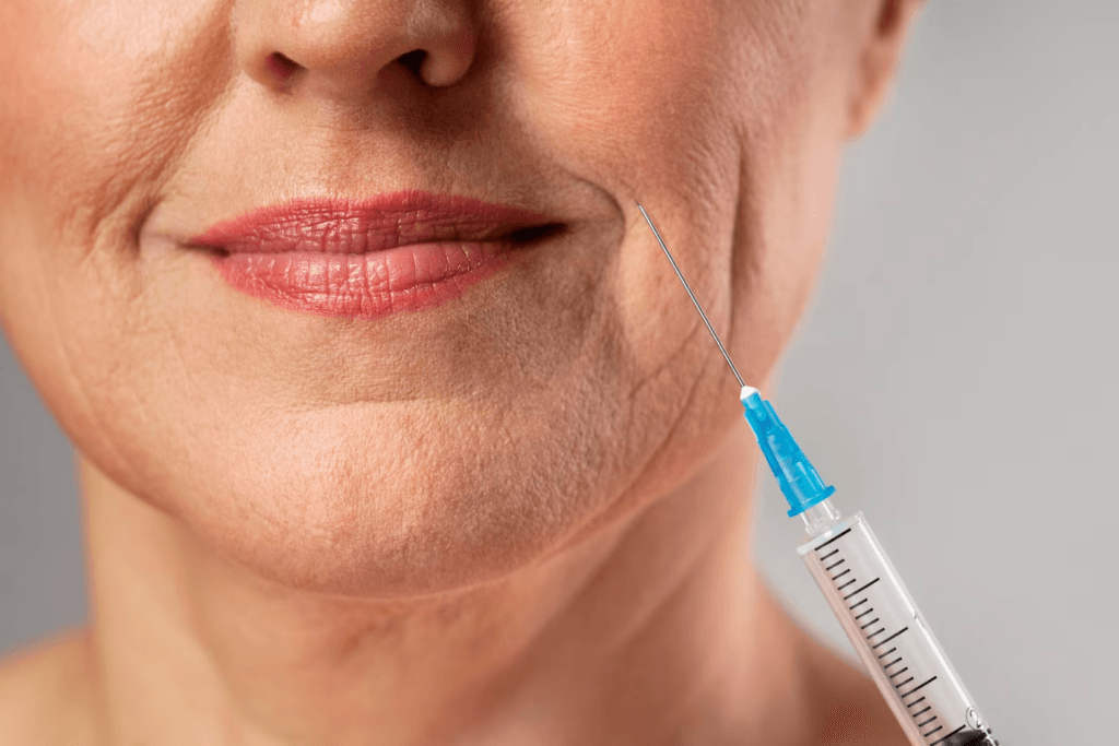 صورة مقربة لشخص يتلقى حقنة تجميلية في وجهه، على الأرجح لأغراض مكافحة الشيخوخة، مع ظهور حقنة بالقرب من شفتيه.