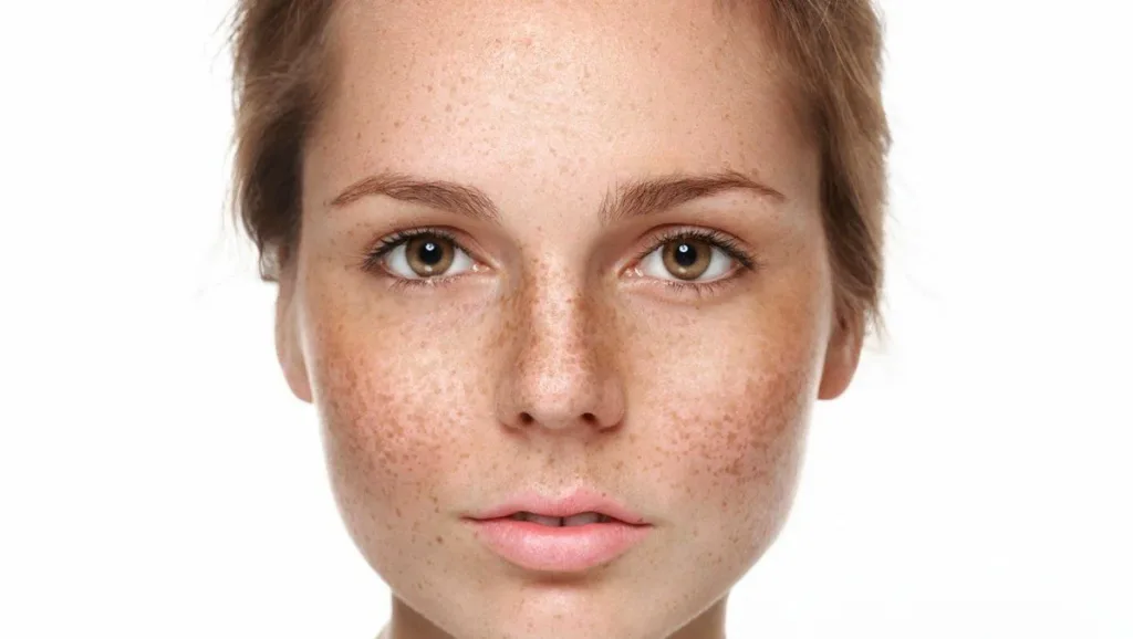 A young person with light skin tone, brown hair, and freckles looking directly at the camera with a neutral expression.