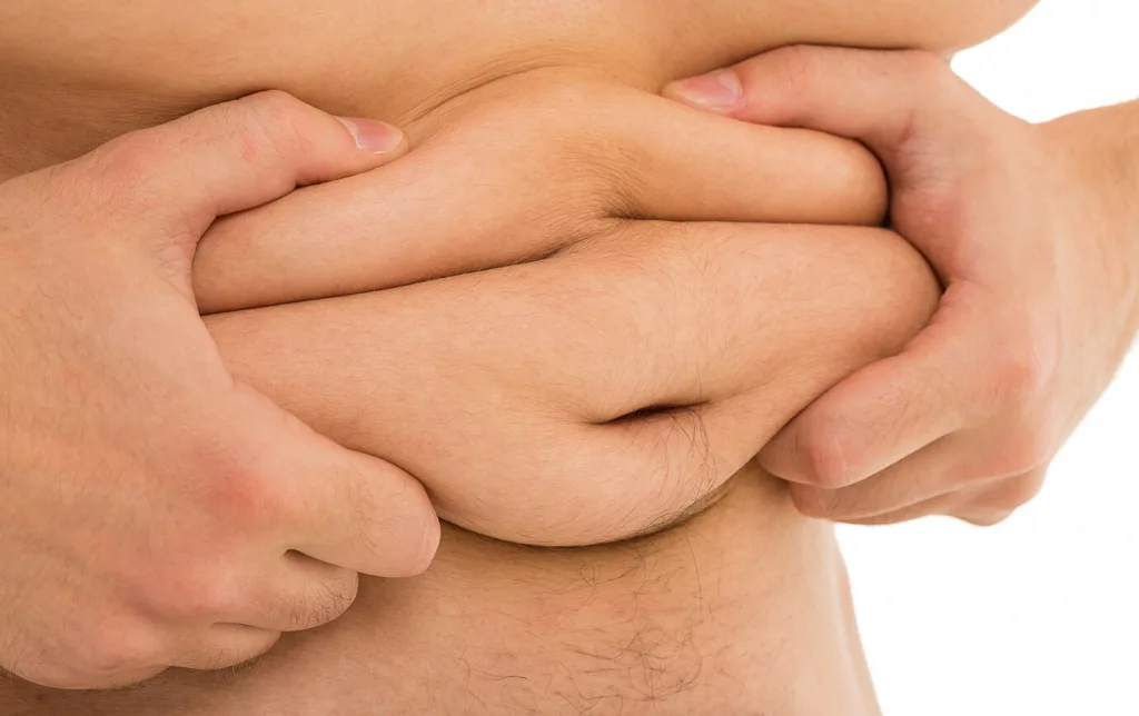 Eine Person hält sich den Bauch, was möglicherweise auf Unbehagen oder Schmerzen hinweist.