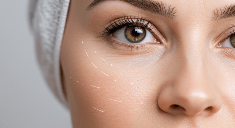 Фотография глаза и носа человека крупным планом, подчеркивающая текстуру кожи и детали вокруг области глаз.