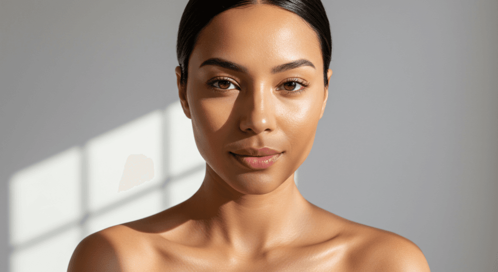 Un retrato en primer plano de una mujer de piel suave y maquillaje natural, posando sobre un fondo liso con una iluminación suave.