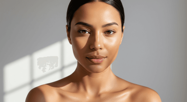 Un retrato en primer plano de una mujer de piel suave y maquillaje natural, posando sobre un fondo liso con una iluminación suave.