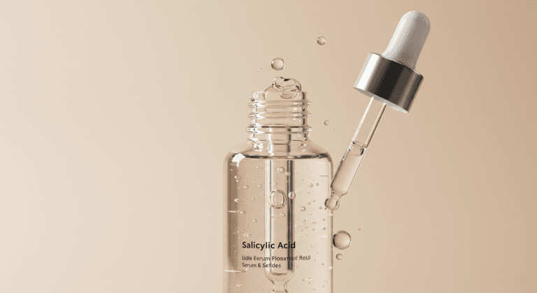 A clear glass bottle with a dropper cap containing Salicylic Acid, labeled 'Udile Ferum Floretic Bouil Serum & Seflides'. The bottle is shown with droplets around it, emphasizing the liquid inside.