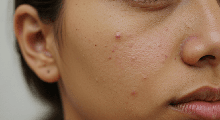 Крупный план лица человека с видимыми угрями и пятнами на коже.
