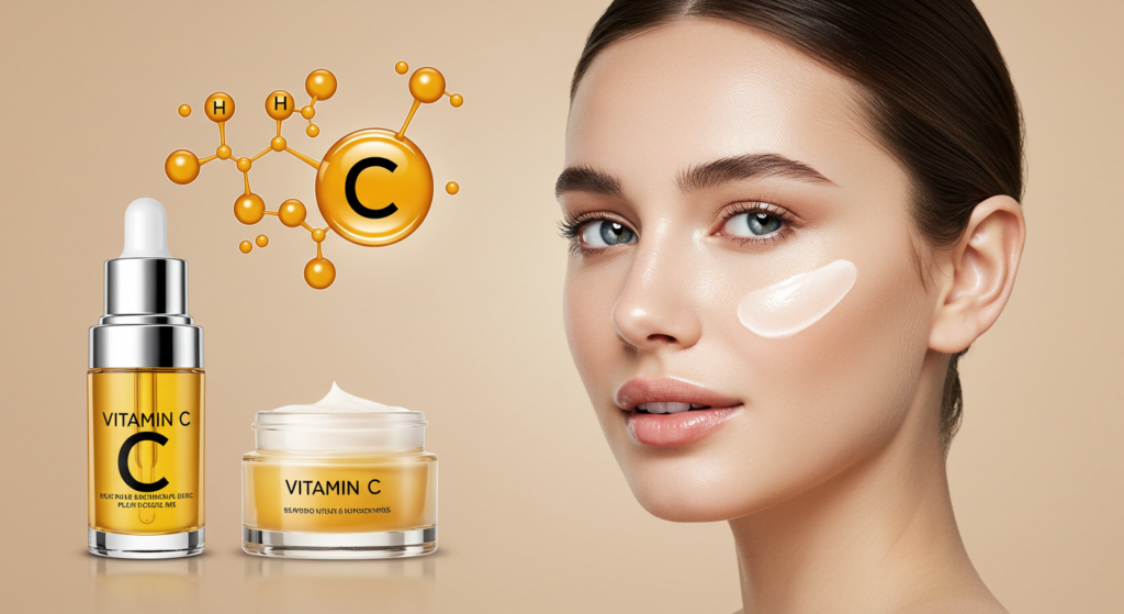 Une femme appliquant de la crème à côté de contenants de sérum et de crème à la vitamine C avec un graphique moléculaire de vitamine C en arrière-plan.