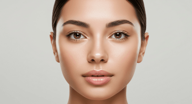 A close-up portrait of a woman with smooth skin and prominent features, looking directly at the camera with a neutral expression.