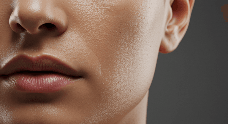 Фотография лица человека крупным планом с акцентом на губы и кожу вокруг них. Изображение подчёркивает текстуру и детали кожи на тёмном фоне, контрастирующем с чертами лица.