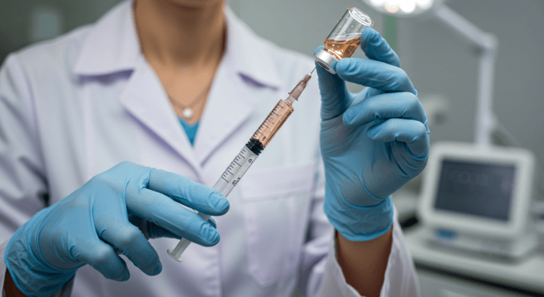 Медицинский работник в лабораторном халате и перчатках подготавливает шприц, набирая жидкость из флакона в клинических условиях.