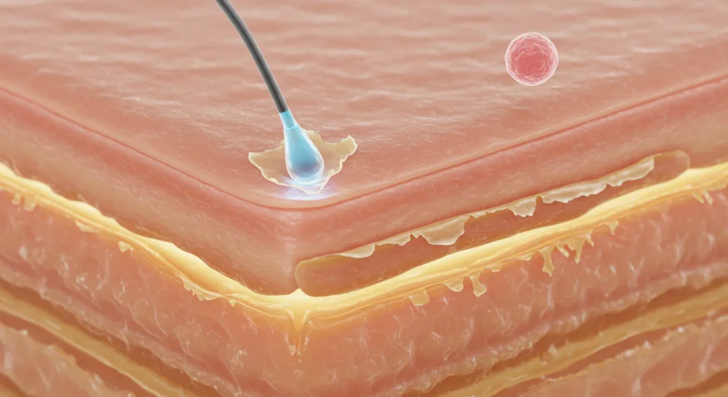 Una ilustración médica que muestra un corte transversal de piel humana con una aguja y una jeringa que inyecta una sustancia en la piel, resaltando las capas de la piel y una célula sanguínea cercana.