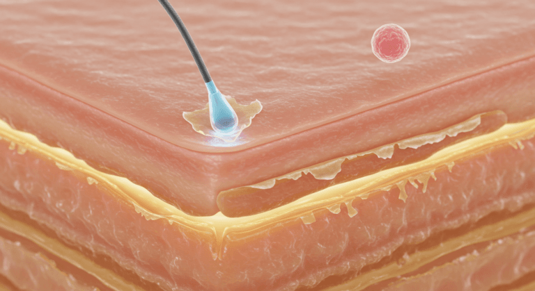 Медицинская иллюстрация, показывающая поперечное сечение кожи человека с иглой и шприцем, вводящим вещество в кожу; выделены слои кожи и расположенная рядом клетка крови.