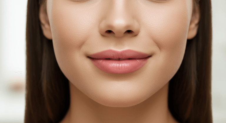 Фотография лица человека крупным планом, с акцентом на губы и нос. У человека гладкая, чистая кожа, и он слегка улыбается. Изображение, вероятно, предназначено для демонстрации черт лица или результатов ухода за кожей.