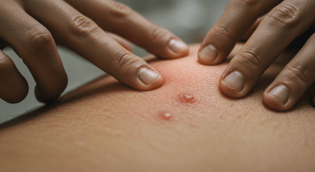 Die Hände einer Person untersuchen einen Hautausschlag mit einem Dermatoskop.