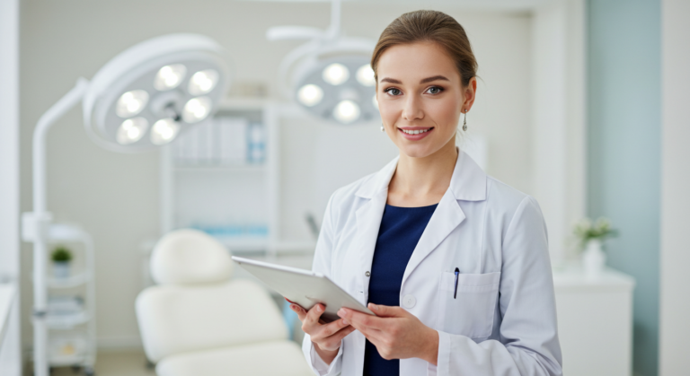 Стоматолог в белом халате держит планшет и улыбается в стоматологической клинике.