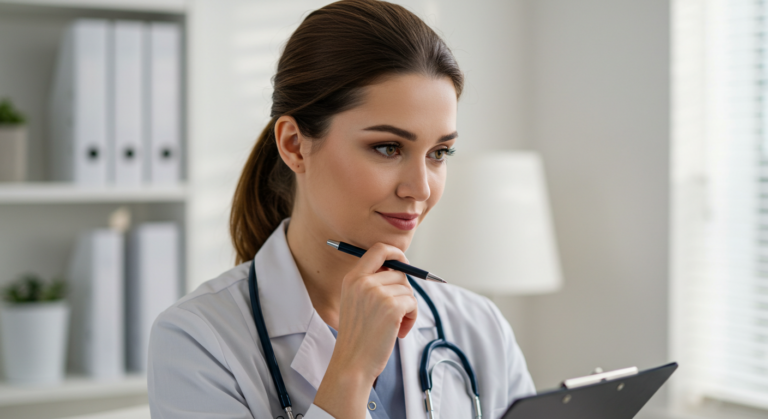 Врач в белом халате со стетоскопом на шее сидит за столом и просматривает записи в планшете. Она, кажется, глубоко задумалась, прижимая ручку к подбородку.