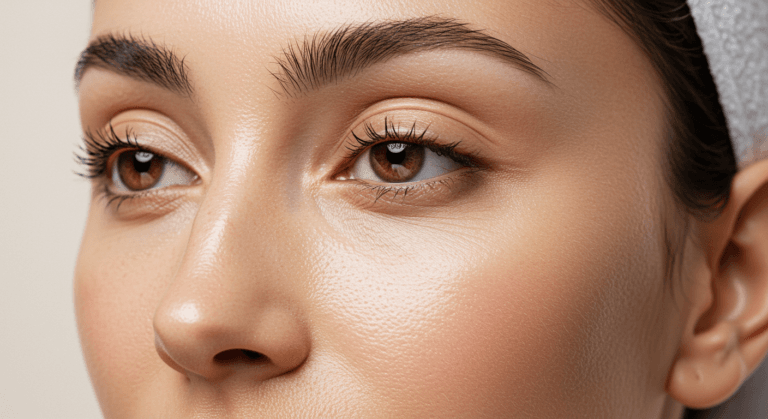 A close-up photograph of a person's face, focusing on the eyes and nose. The individual has brown eyes, well-defined eyebrows, and smooth skin. The lighting highlights the contours of the face, creating a sense of depth and texture.