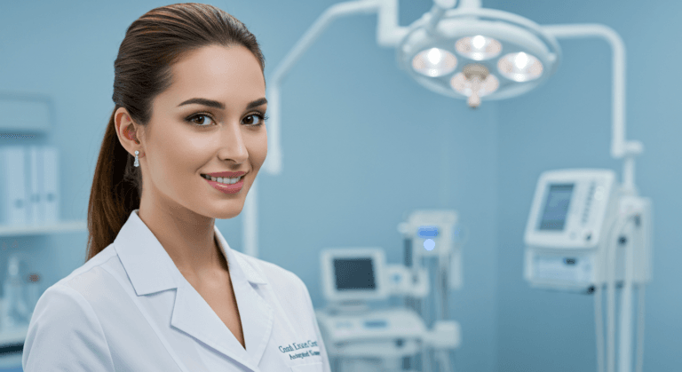 Женщина-врач улыбается в медицинском кабинете на фоне различного медицинского оборудования.