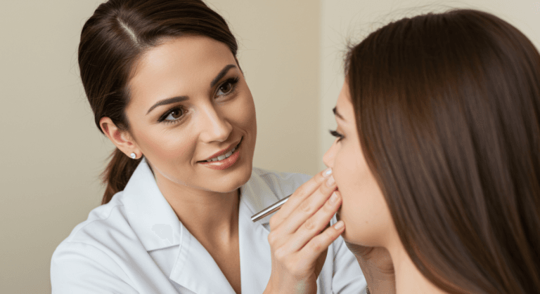 Врач осматривает горло пациента, используя шпатель для отдавливания языка.