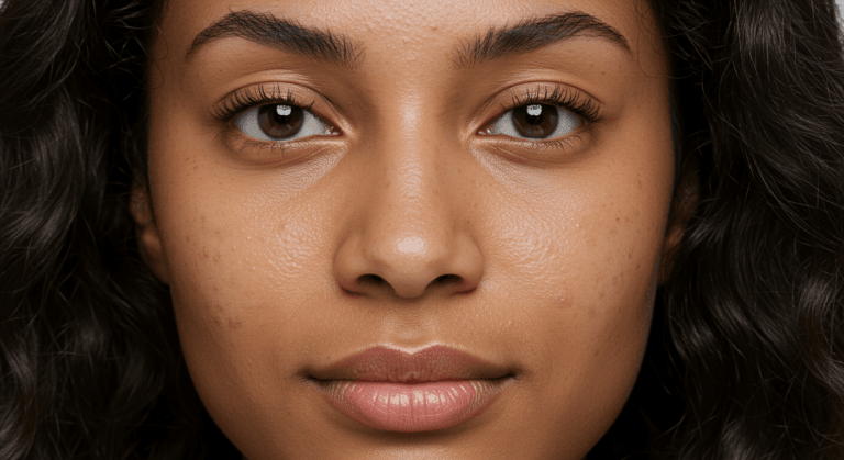 Портрет крупным планом молодой женщины с темными вьющимися волосами и карими глазами, смотрящей прямо в камеру с нейтральным выражением лица.