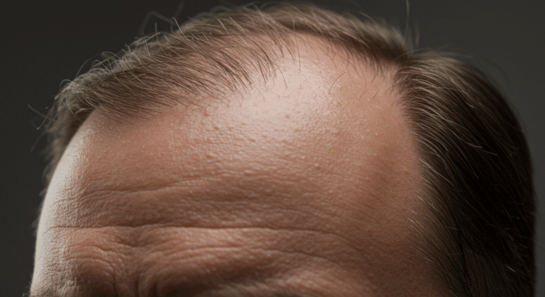 صورة مقربة لمؤخرة رأس شخص، مع التركيز على فروة الرأس ومنبت الشعر. يبدو أن فروة الرأس تعاني من بعض الأمراض الجلدية أو العلامات الواضحة.