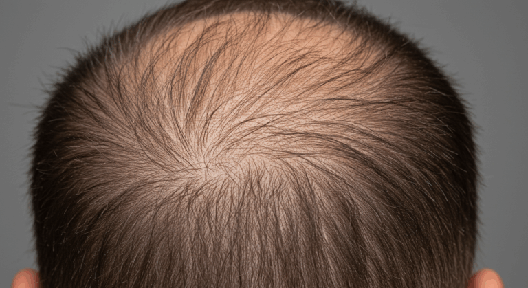 Ein Bild vom Hinterkopf einer Person, das dünner werdendes Haar, insbesondere am Scheitel, zeigt.