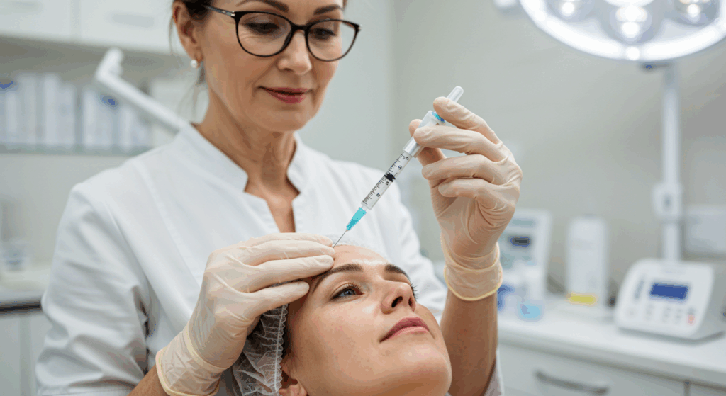 A doctor performing a cosmetic procedure on a patient's forehead using a syringe.