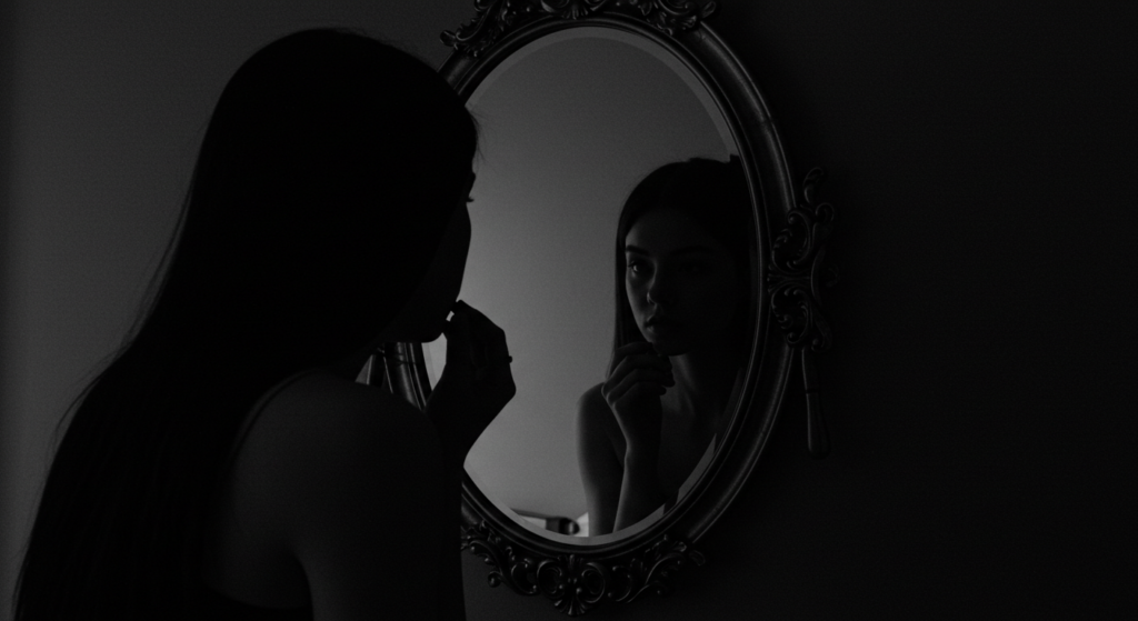 A person is standing in front of a mirror, carefully applying makeup. The image is in black and white, adding a classic and timeless feel to the scene.