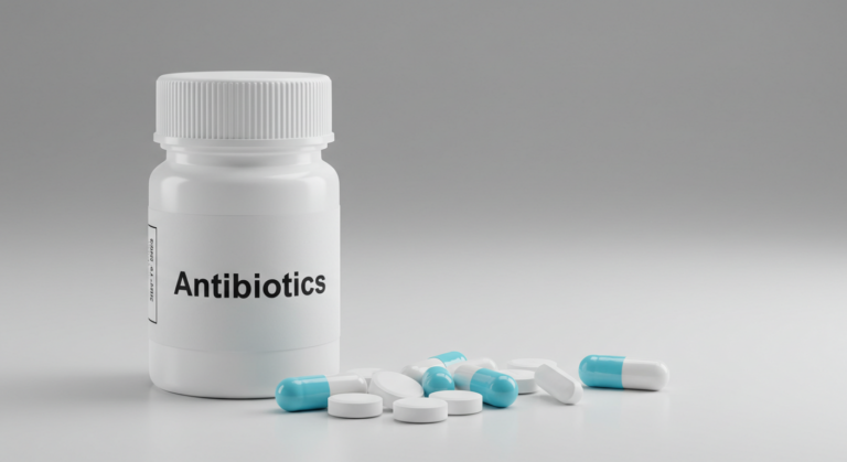 A bottle of antibiotics with pills scattered around it.