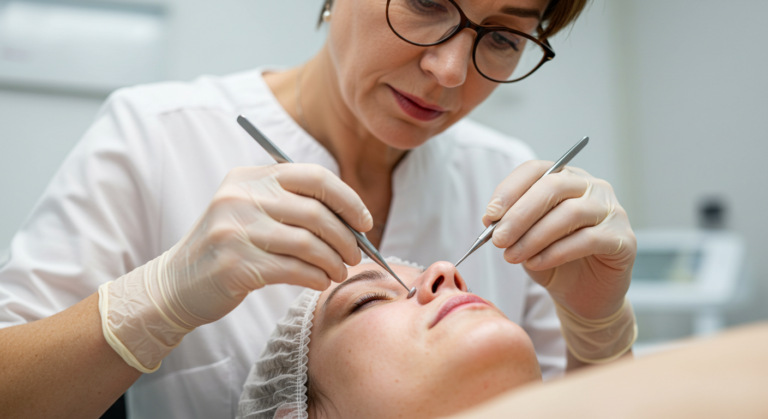 A doctor performing a medical procedure on a patient's face.