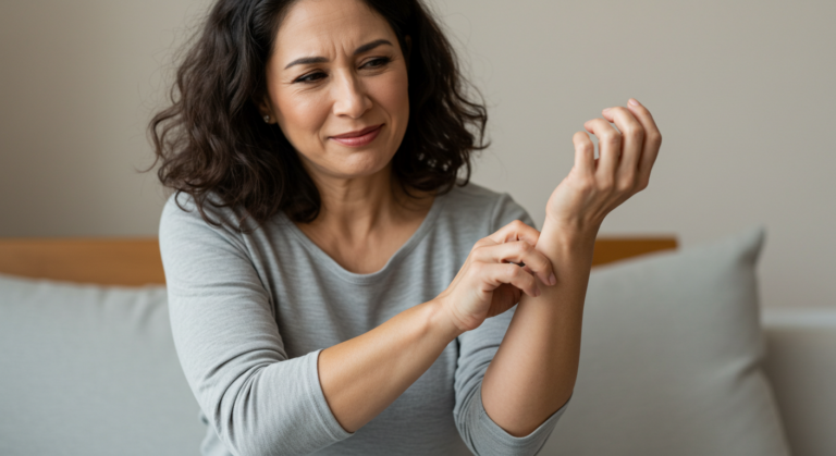 A middle-aged woman is sitting on a couch, examining her arm with a concerned expression on her face.