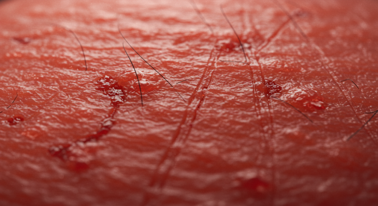 A close-up photograph of a textured, red surface with visible cracks and dark streaks.