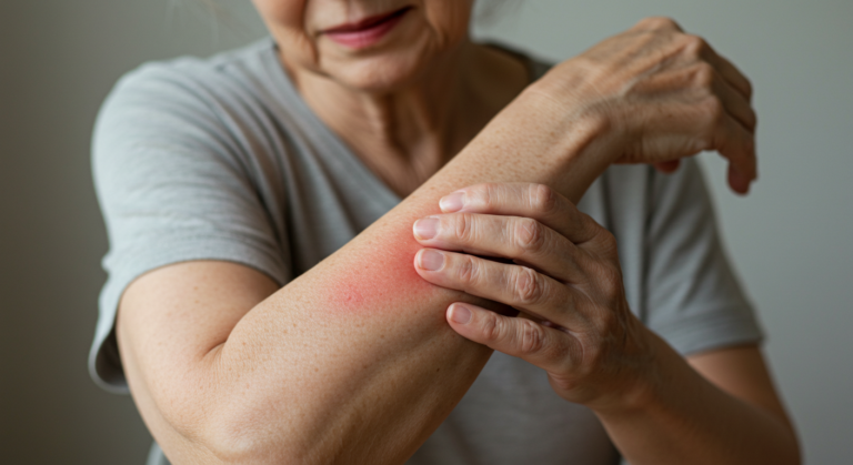 An elderly person is shown scratching their arm, which has a visible red rash.