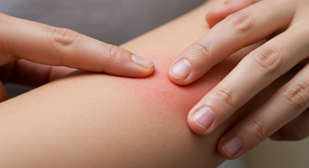 Eine Nahaufnahme der Hand einer Person, die einen roten, entzündeten Bereich auf der Haut untersucht, der möglicherweise auf einen Ausschlag oder eine Reizung hinweist.