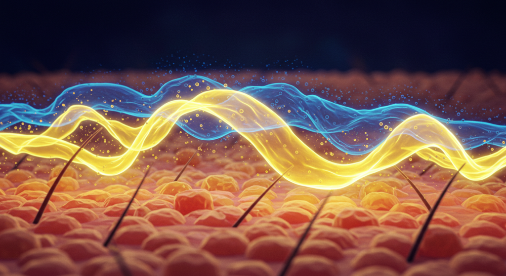 Яркое абстрактное изображение с волнистым, светящимся узором синего и желтого цветов на текстурированном красновато-оранжевом фоне с небольшими темными точками.