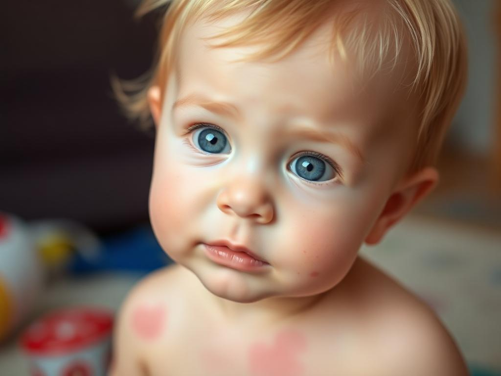 A close-up photograph of a baby with striking blue eyes and fair skin, looking directly at the camera with a curious expression. The baby has a few visible red marks on the chest and appears to be in a playful or exploratory mood. The background is blurred, suggesting a focus on the baby's face.