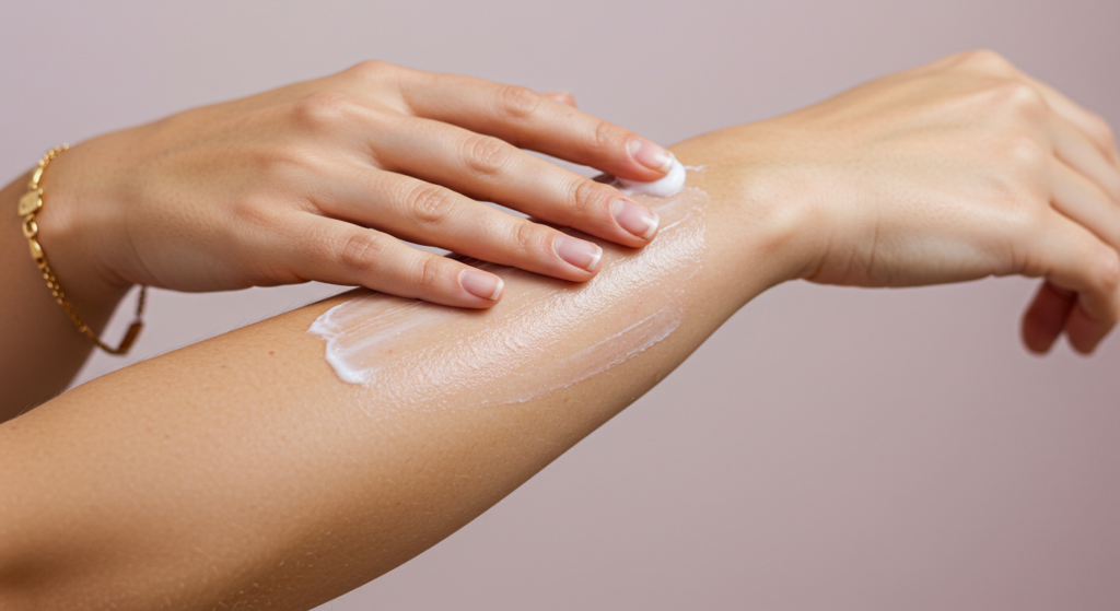 A person applying lotion to their arm.