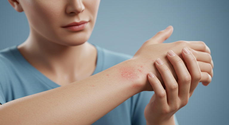A person is shown scratching an itchy, red rash on their arm.