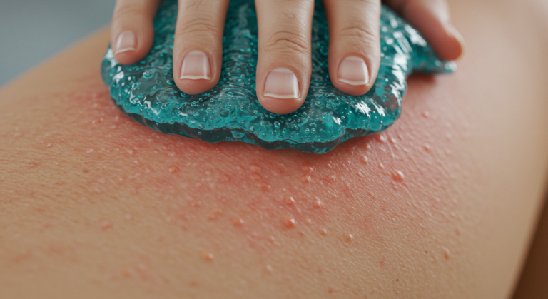 A hand holding a piece of blue gel on a wooden surface with water droplets.
