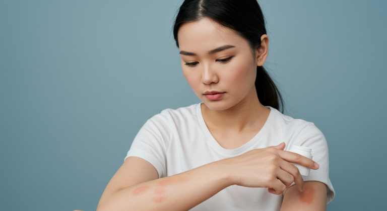 A woman is shown applying cream to red, irritated skin on her arm. She is wearing a white t-shirt and has a concerned expression on her face.