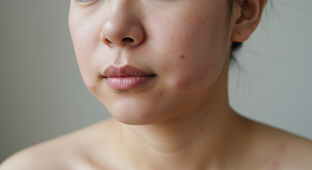 A close-up photograph of a person's face and upper chest showing visible acne marks.