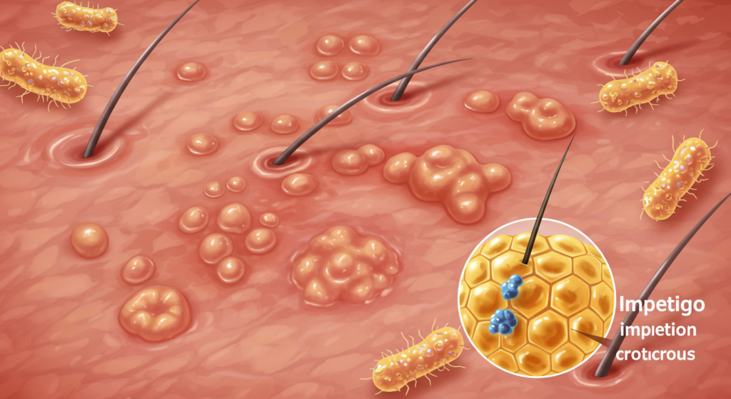 Illustrazione microscopica dettagliata della pelle affetta da impetigine. L'immagine mostra colonie batteriche, pustole e croste impetiginose sulla superficie cutanea. Le sezioni ingrandite evidenziano la presenza di batteri e la risposta immunitaria dell'organismo.