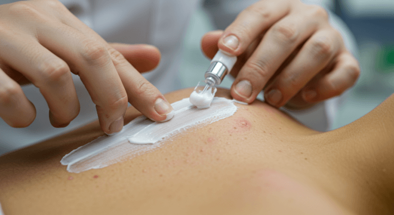 Человек наносит крем на кожное заболевание спины с помощью инструмента.