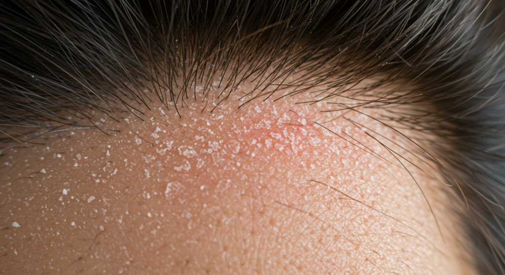 صورة مقربة لفروة الرأس مع ظهور القشرة والشعر.