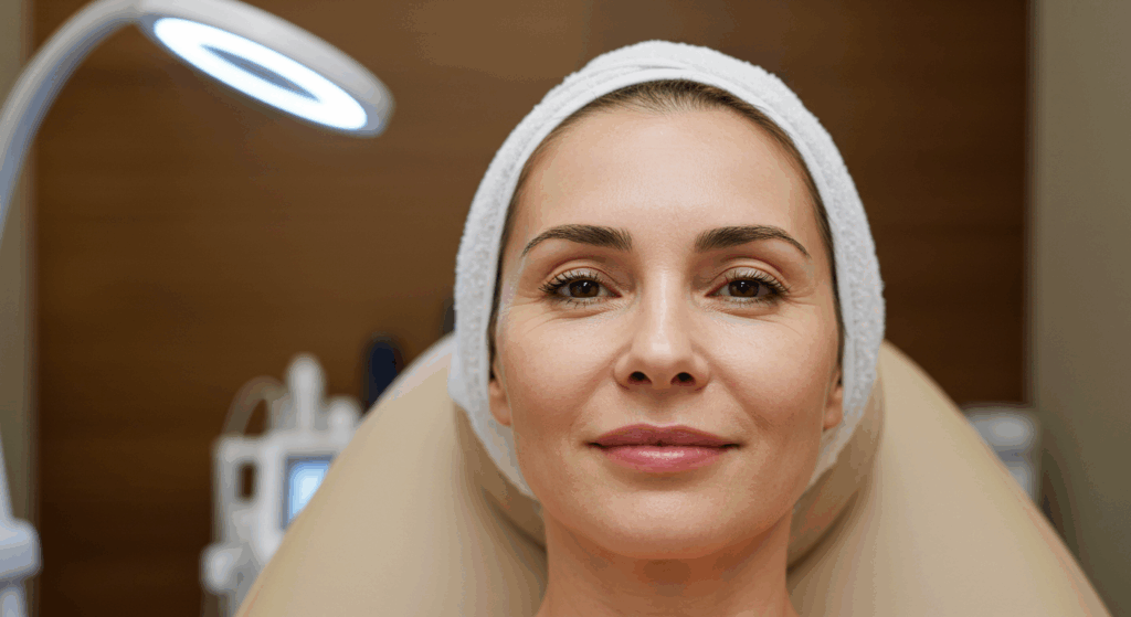 A woman wearing a white towel turban is lying on a treatment table in a clinical setting with a lamp overhead, likely undergoing a skincare or cosmetic procedure.