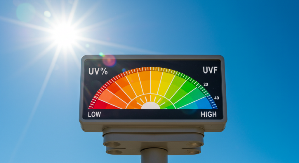 A gauge displaying UV percentage and UV index levels from low to high, with a bright sun in the background.