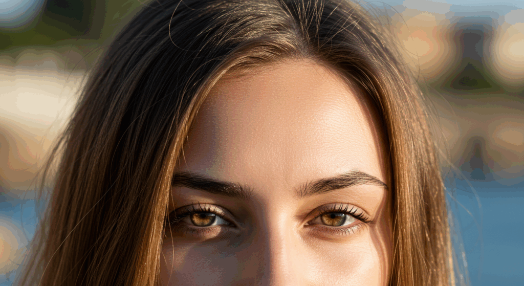 A close-up portrait of a woman with brown hair and green eyes, looking directly at the camera with a soft expression. The background is blurred, suggesting an outdoor setting with natural light.