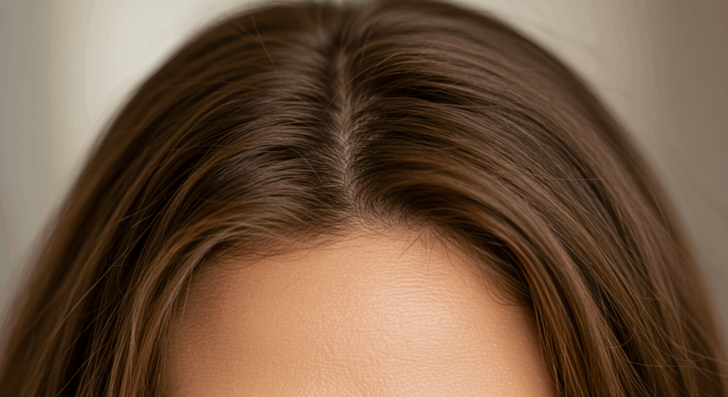 A close-up image of the top of a person's head, focusing on the hairline and the forehead. The hair is straight and has a slight wave, with a center parting. The skin appears smooth and well-maintained.