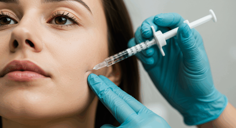 Изображение крупным планом человека, которому делают инъекцию в лицо с помощью шприца, который держит специалист в синих перчатках.