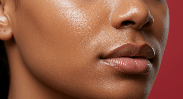 Primo piano del volto di una persona, con particolare attenzione alle labbra e al naso, su sfondo rosso.
