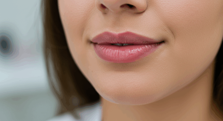 Фотография лица человека крупным планом, с акцентом на губы и нижнюю часть лица. Губы слегка приоткрыты и имеют глянцевый блеск, что говорит об использовании блеска для губ или бальзама. Кожа выглядит гладкой и ухоженной, что свидетельствует о хорошем уходе за ней.