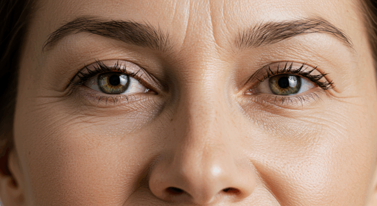 Фотография лица человека крупным планом, с акцентом на глаза и нос. У человека зелёные глаза и светлая кожа с заметными морщинами вокруг глаз.